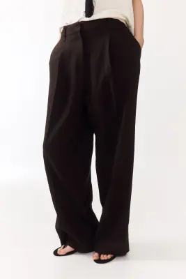 Pantalon chic en lin mélangé - Marron foncé — photo 1