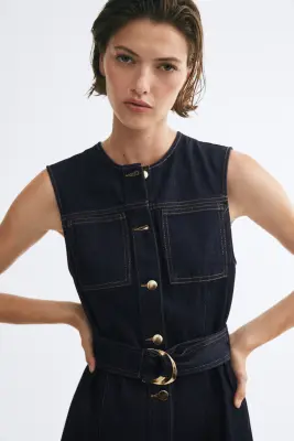 Robe en denim avec ceinture - Bleu denim foncé — photo 2