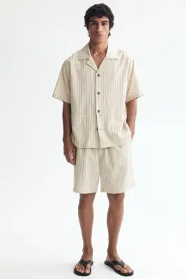 Ensemble chemise et short en lin mélangé - Beige/rayé — photo 1
