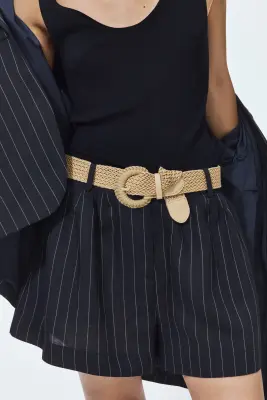Short en lin mélangé avec ceinture - Bleu marine/rayures tennis — photo 1