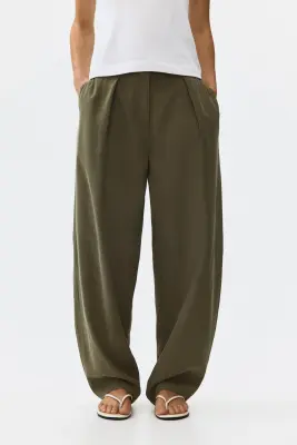 Pantalon barrel en viscose mélangée - Vert kaki — photo 1