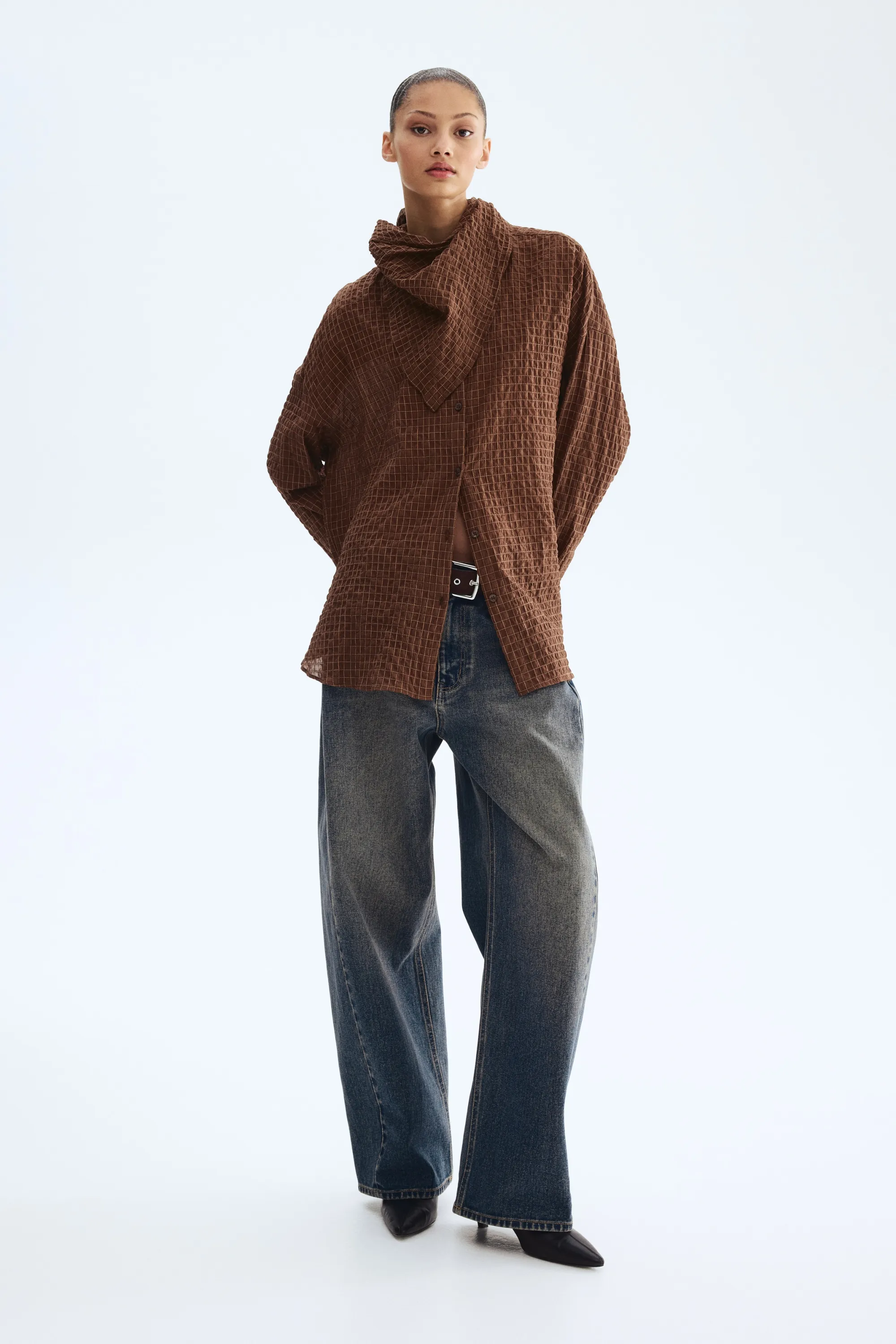 Chemise en seersucker avec foulard - Marron