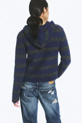 Sweat à capuche zippé en mélange de laine - Rayures bleues et grises — photo 2