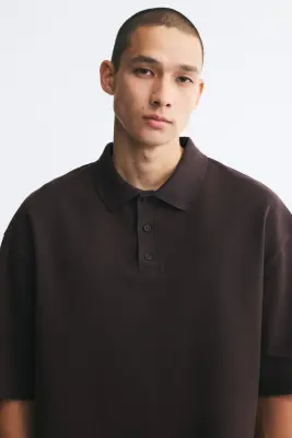 Polo Oversized Fit en coton - Marron foncé — photo 2