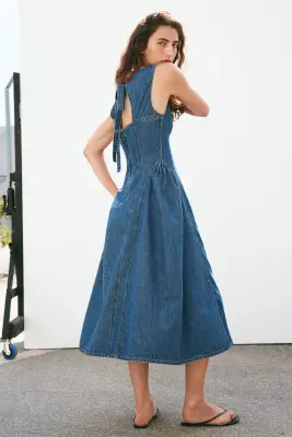 Robe en twill avec jupe évasée - Bleu denim — photo 4