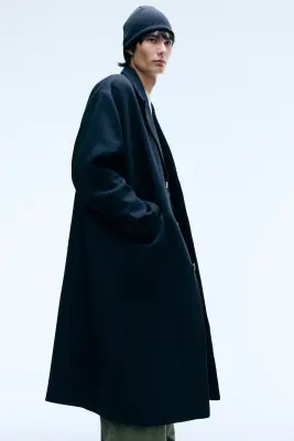 Manteau oversize en laine mélangée à boutonnage simple - Noir — photo 3