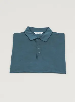 Pleated Tab Short Sleeve Poloshirt in Petrol Blue Eucalyptus & Cotton — photo 3