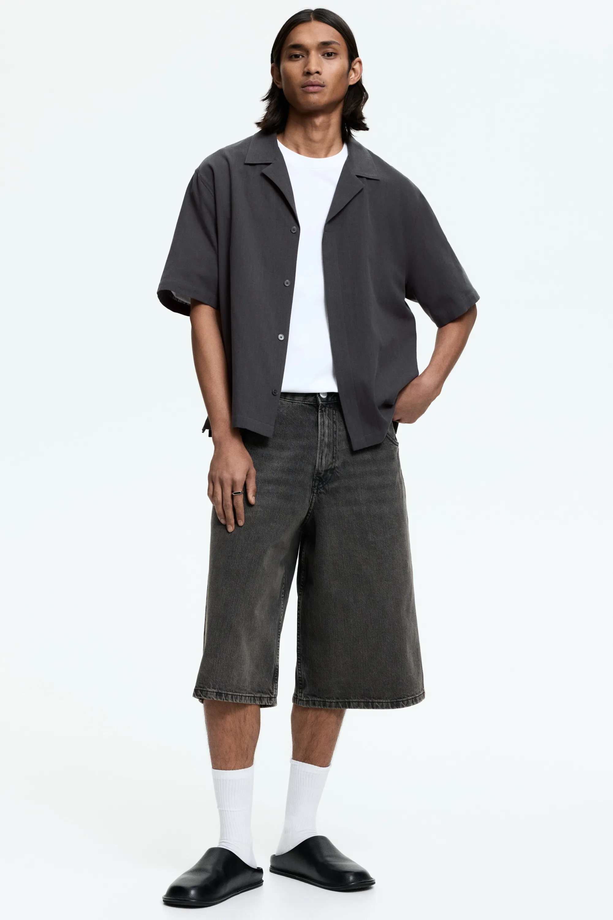Chemise Relaxed Fit en lin mélangé avec col cubain - Gris foncé