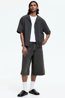 Chemise Relaxed Fit en lin mélangé avec col cubain - Gris foncé — photo 1
