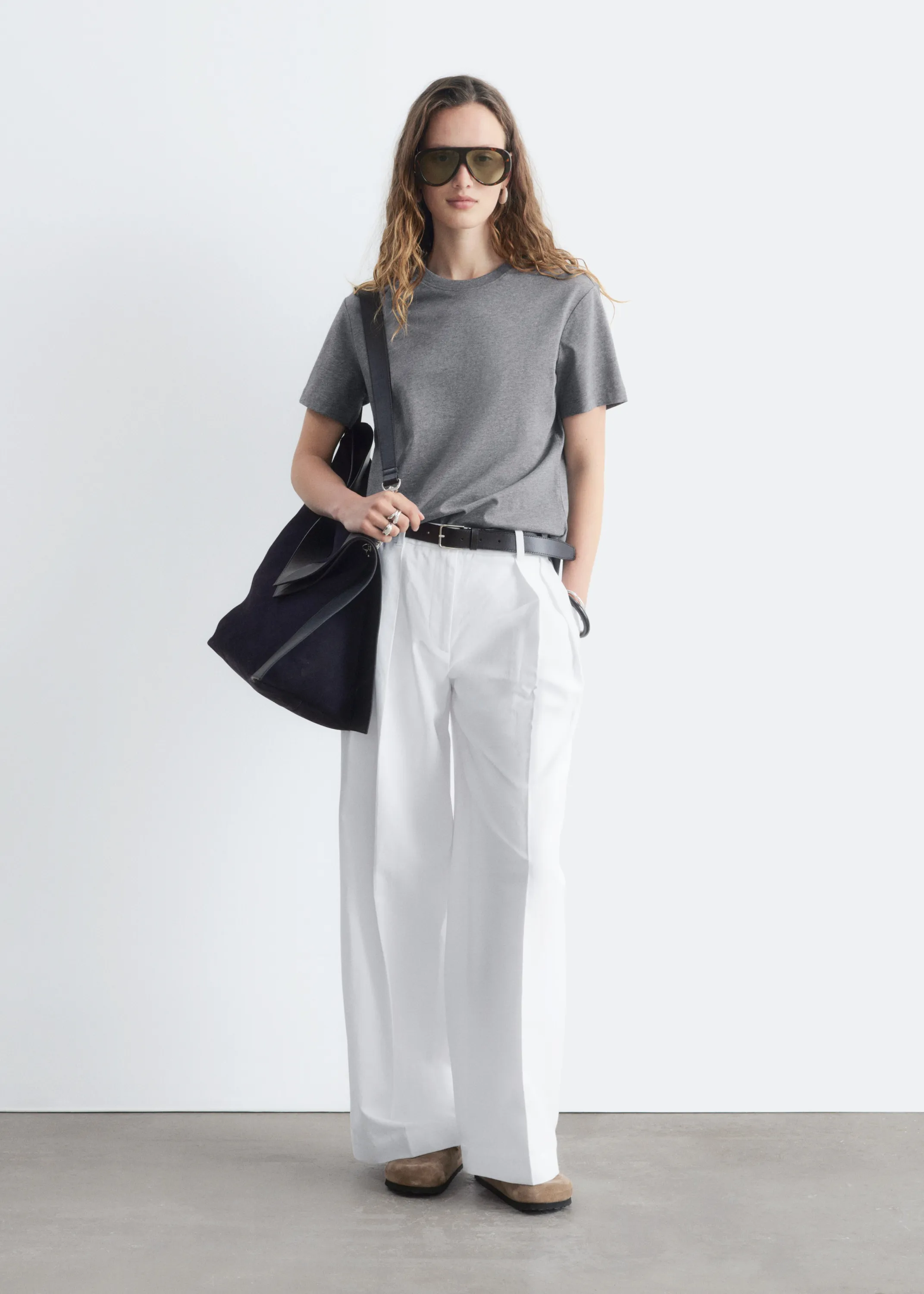 T-shirt en coton à col rond - Gris chiné