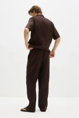 Pantalon Easy-care Loose Fit en lin mélangé - Marron foncé — photo 2