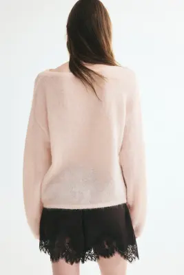 Pull en maille fine avec encolure bateau - Rose poudré — photo 4