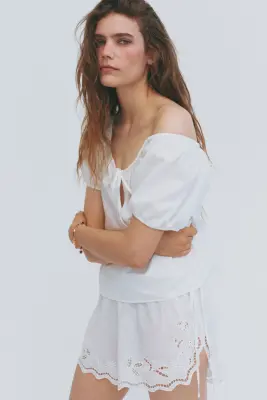 Blouse en lin mélangé avec manches bouffantes - Blanc — photo 2