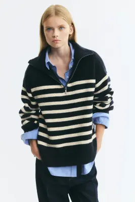 Pull long à col zippé - Bleu marine/rayures crème — photo 1