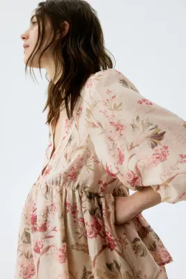 MAMA Robe en lin mélangé - Beige clair/fleuri — photo 3