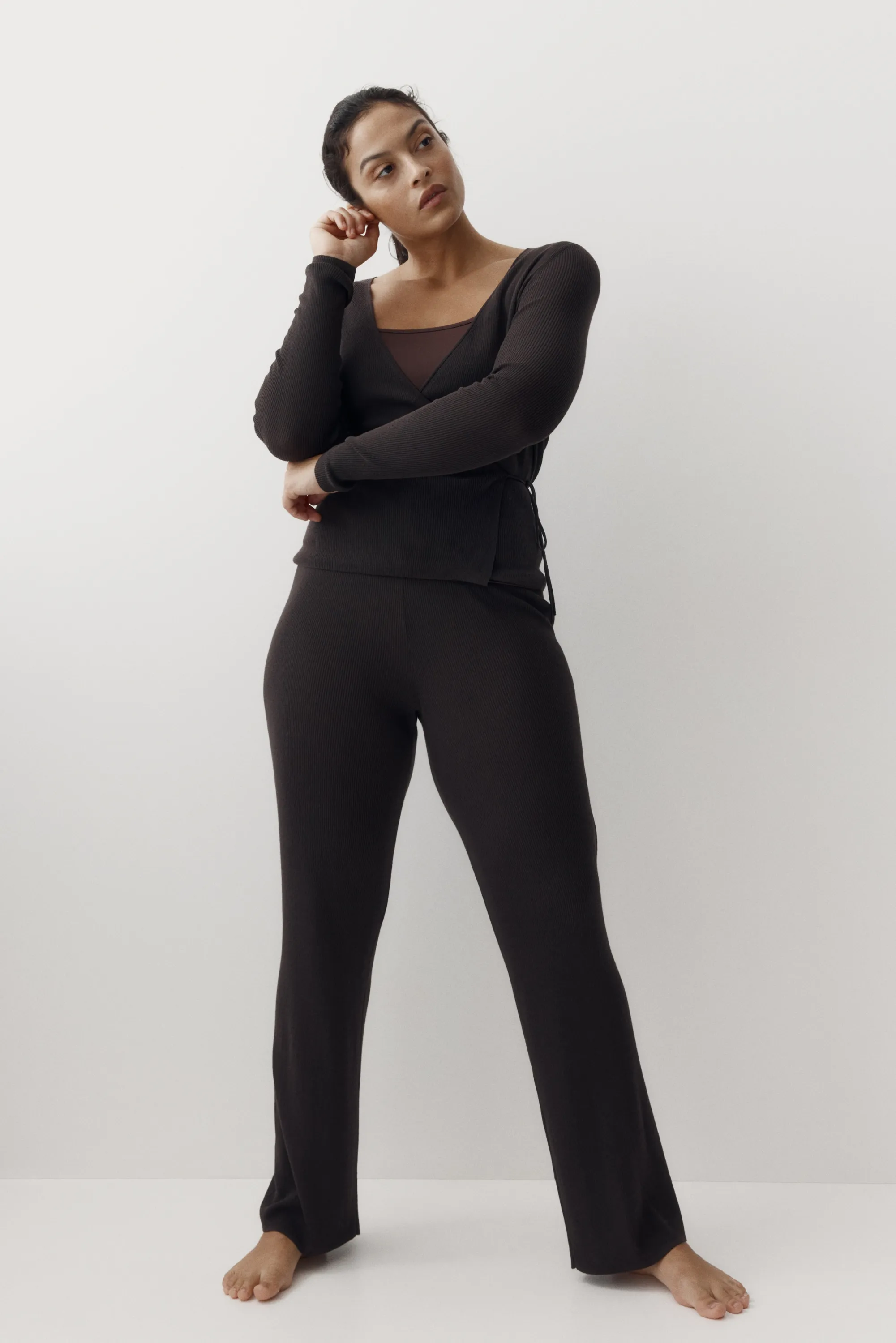 Pantalon en maille côtelée - Marron foncé
