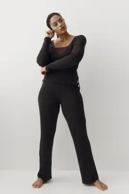 Pantalon en maille côtelée - Marron foncé — photo 1