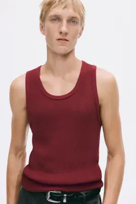 Débardeur côtelé Slim Fit en laine mélangée - Rouge foncé — photo 1