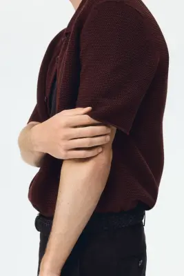 Chemise Regular Fit en maille ajourée - Marron foncé — photo 4