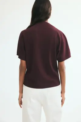 Top à effet drapé avec col droit - Marron foncé — photo 3