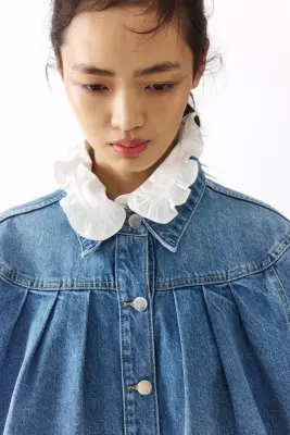 Veste oversize plissée en denim - Bleu denim clair — photo 1
