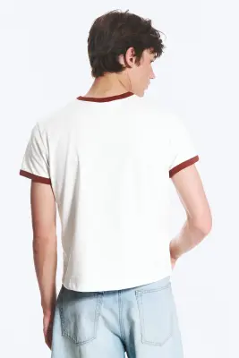 T-shirt en coton avec bordures contrastées et manches courtes - Blanc/Rouille — photo 2