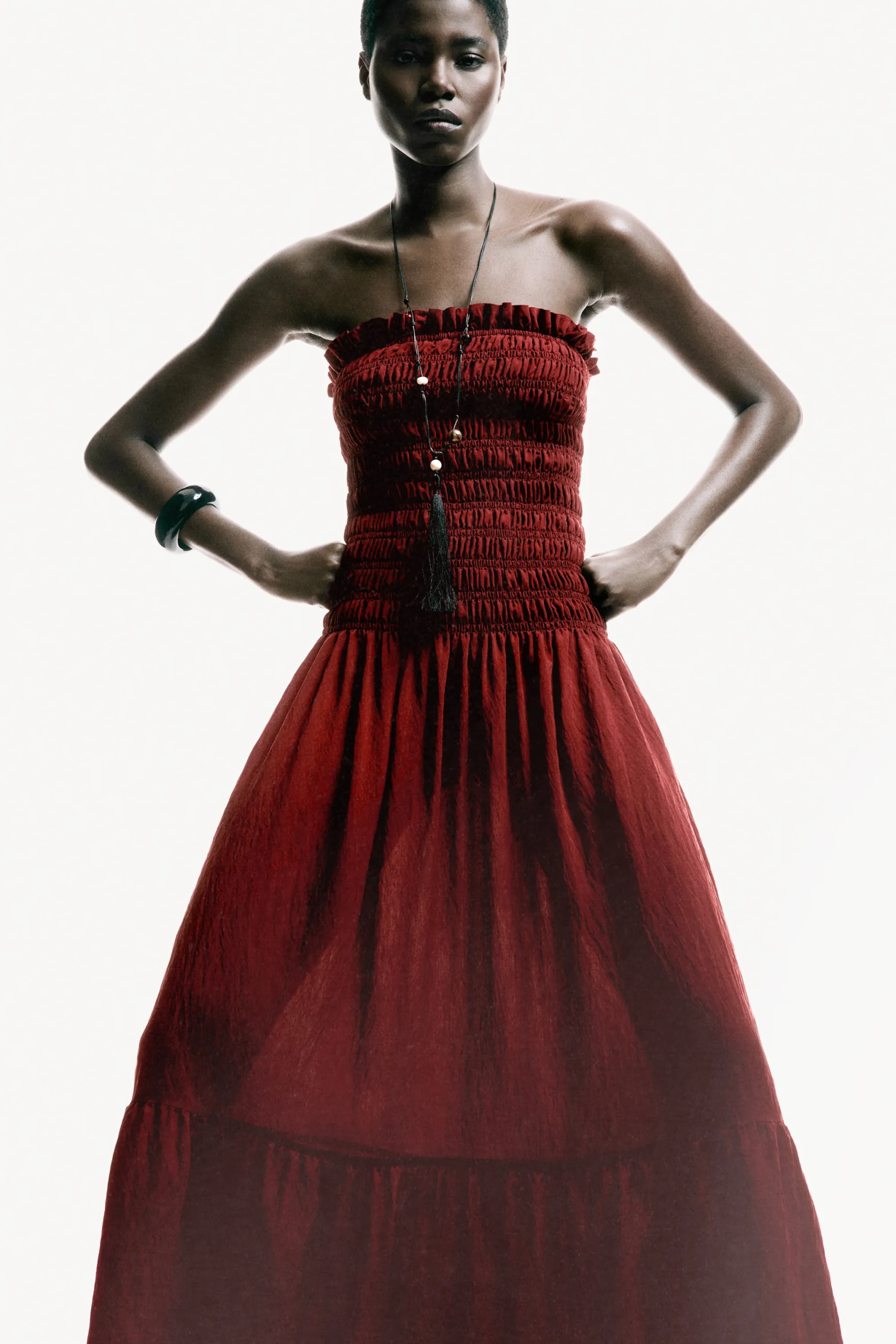 Robe bandeau smockée - Rouge foncé