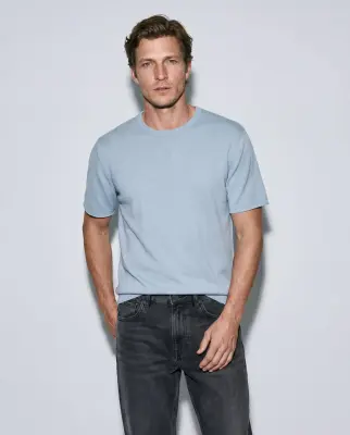 T-shirt Bleu Clair Col Rond Manches Courtes en Cachemire — photo 2