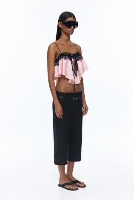 Crop top en satin avec dentelle - Rose clair/noir — photo 3