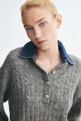 Polo en maille torsadée avec col en denim - Gris chiné — photo 2