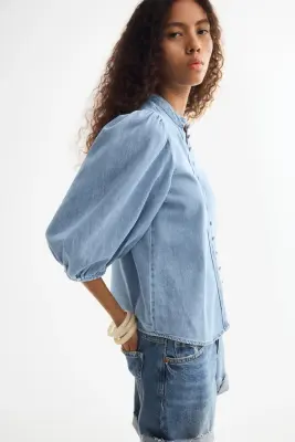 Blouse en denim avec manches bouffantes - Bleu denim — photo 3
