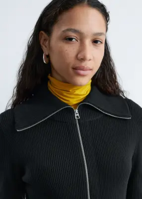 Robe midi côtelée avec fermeture éclair à l’avant - Noir — photo 1