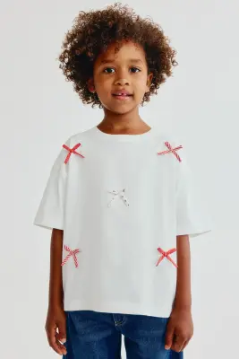 T-shirt en coton avec applications - Blanc/rouge — photo 2