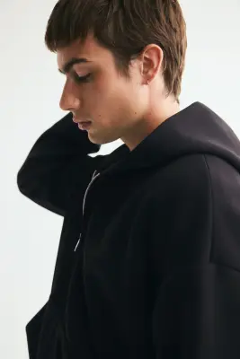 Veste à capuche zippée Oversized Fit en interlock - Noir — photo 4