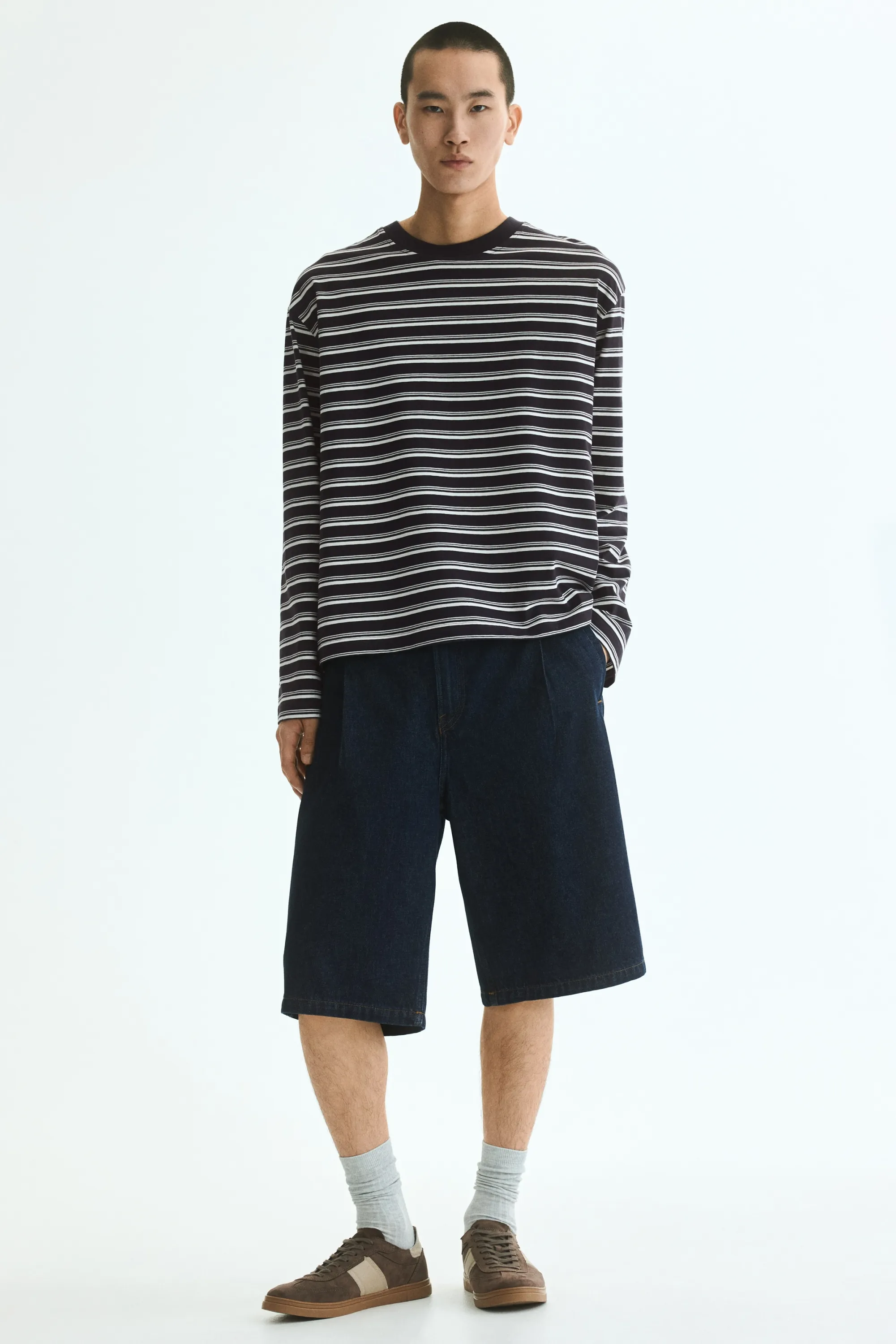 T-shirt boxy Relaxed Fit en coton - Marron foncé/rayé