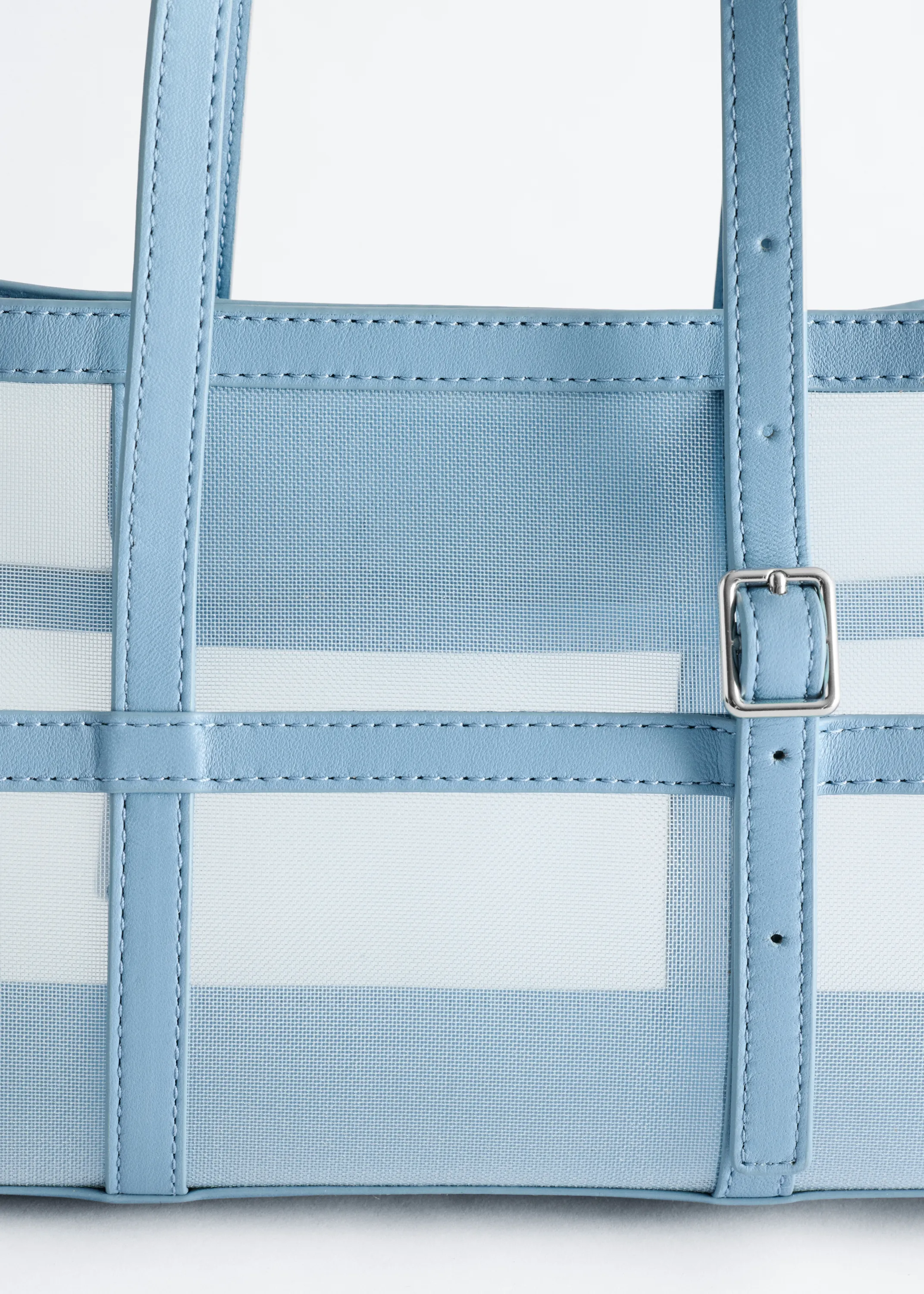 Sac cabas en mesh à bordures en cuir - Bleu