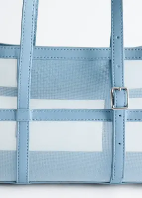 Sac cabas en mesh à bordures en cuir - Bleu — photo 1