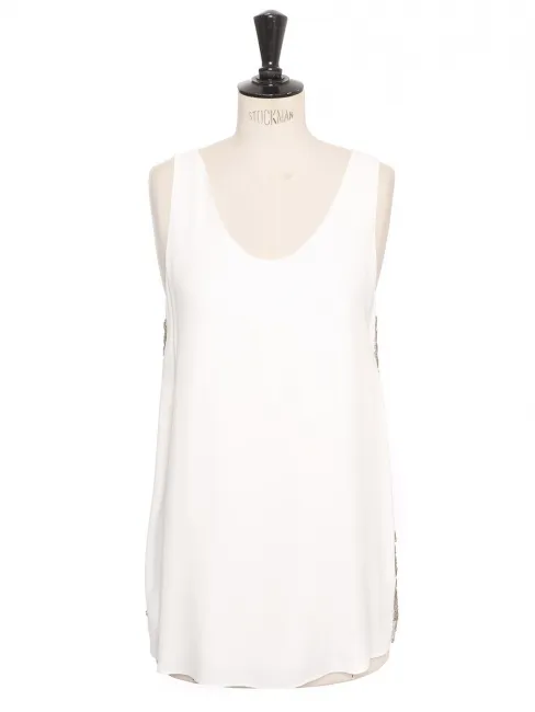 Débardeur ICONIC en crêpe de soie blanc ivoire brodé perles argent Prix boutique 1300€ Taille 38