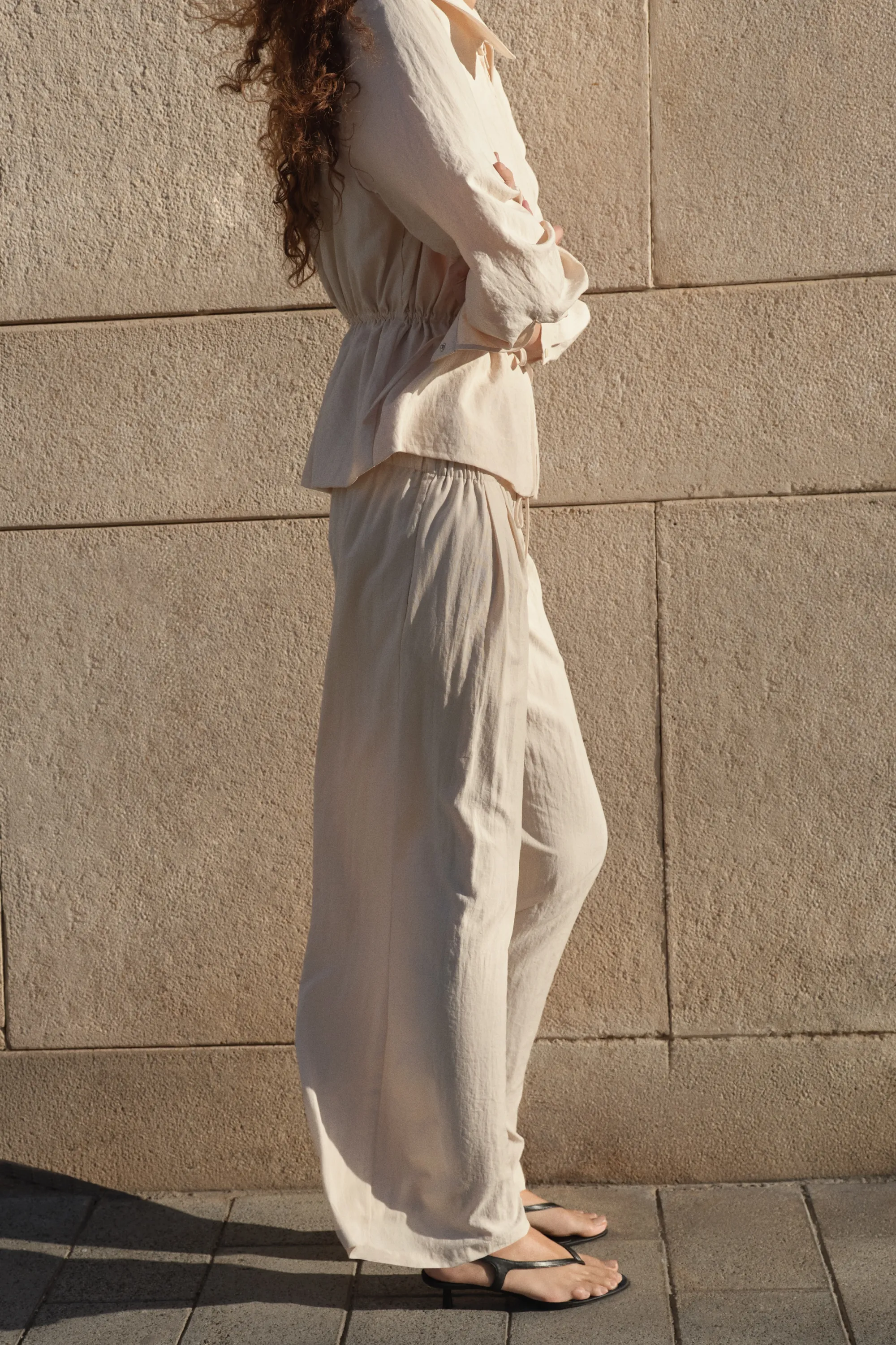 Pantalon large avec cordon de serrage - Beige clair