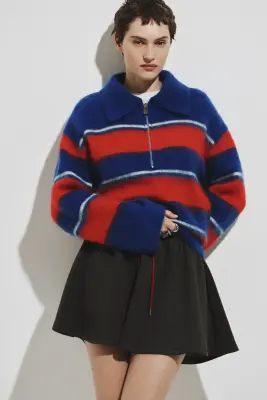 Pull à col zippé en mohair mélangé - Bleu vif/rayures rouges — photo 2