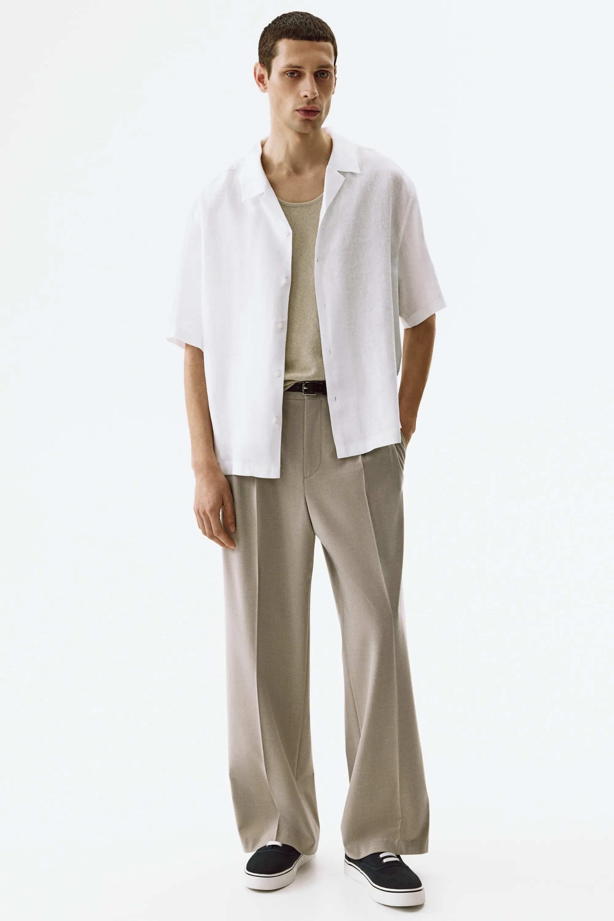 Chemise Relaxed Fit en lin avec col cubain - Blanc