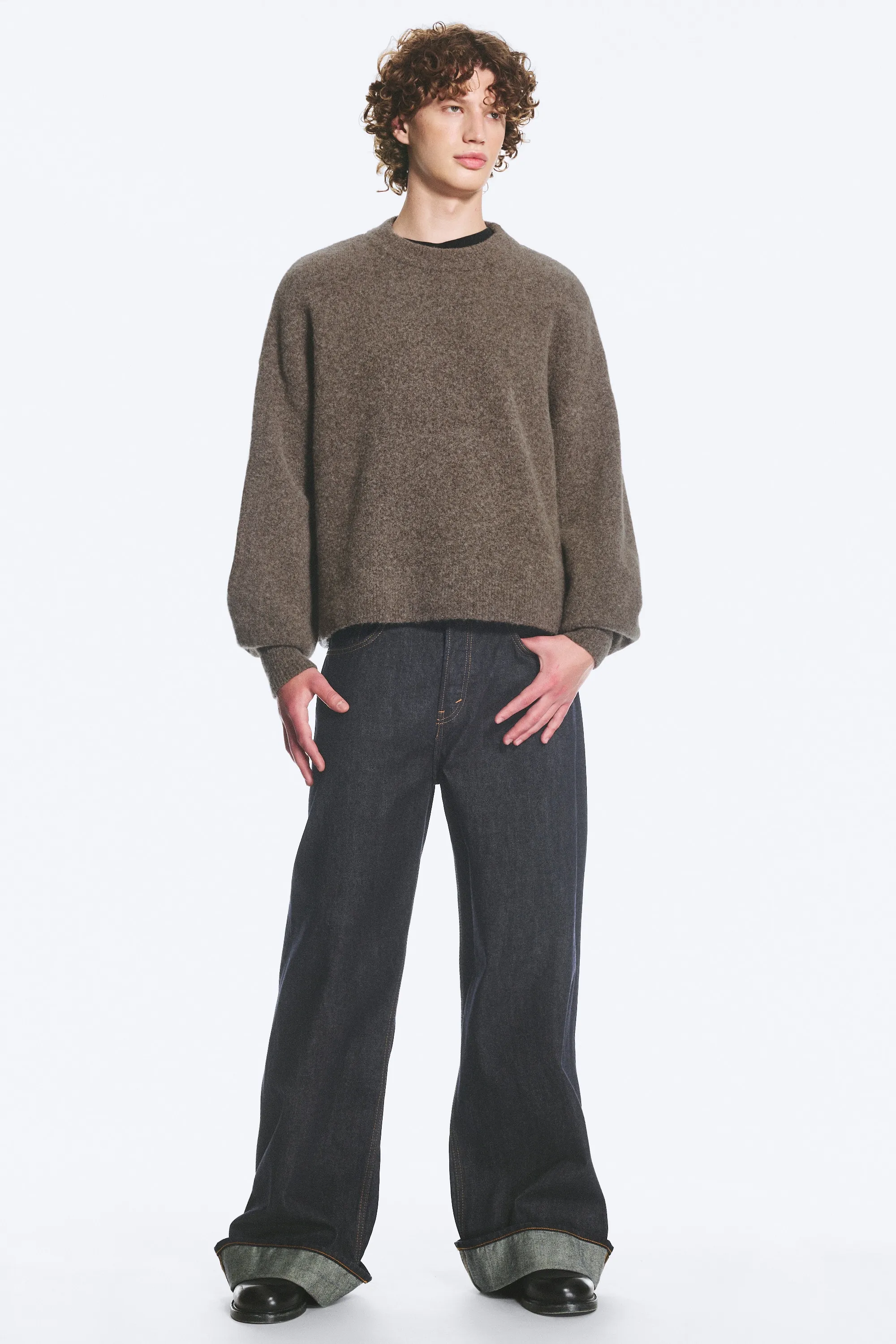 Pull en laine mélangée à col rond et coupe décontractée - Taupe foncé