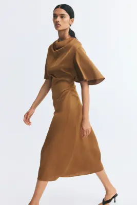 Robe en satin à effet drapé - Vert kaki foncé — photo 3