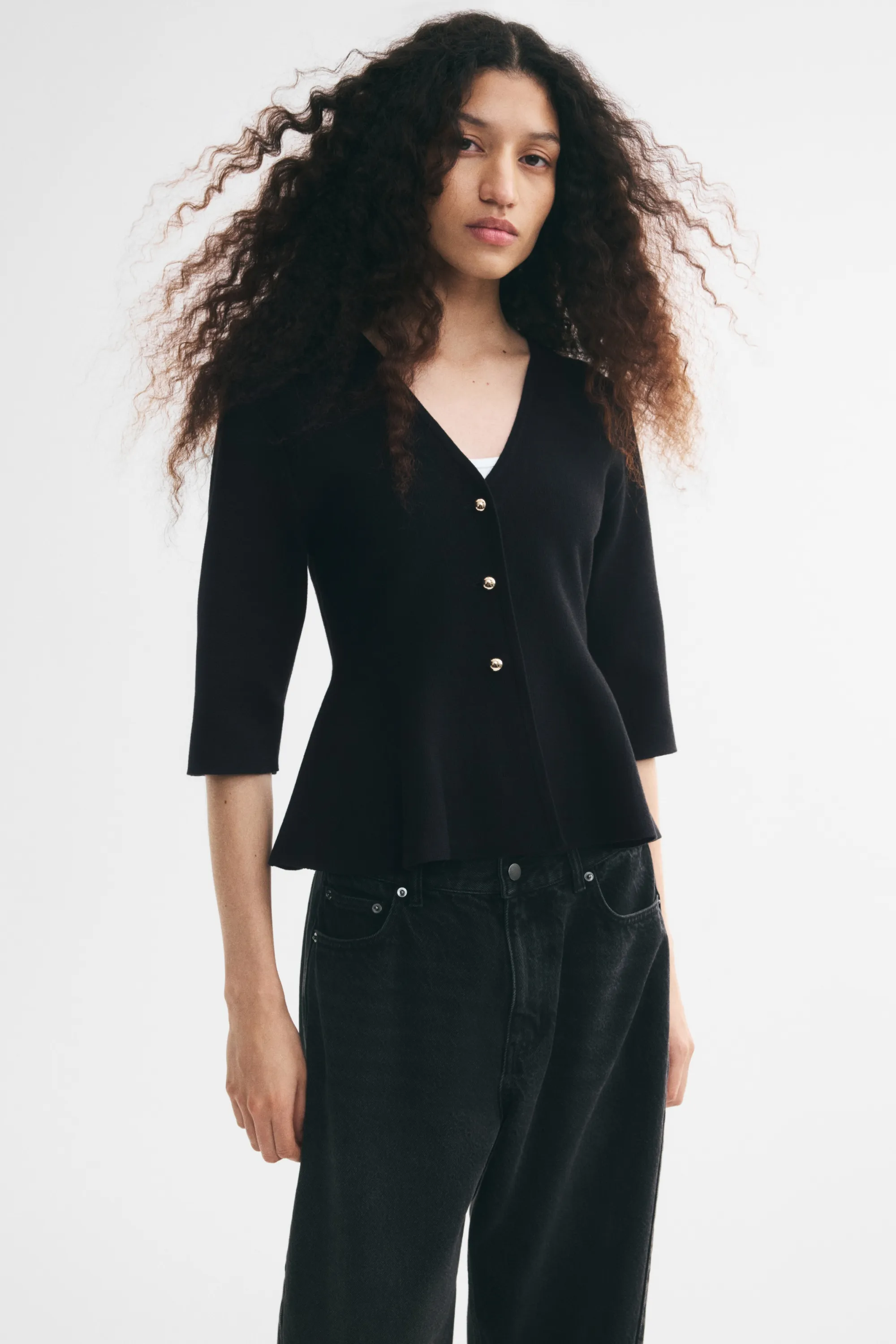 Fine-knit peplum cardigan - Noir