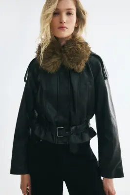 Veste en tissu enduit avec col duveteux - Noir — photo 2