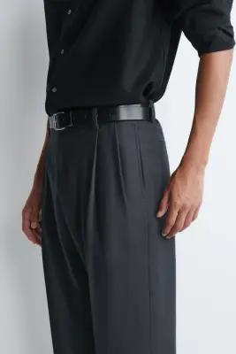PANTALON À PLIS DROIT DÉCONTRACTÉ EN LAINE - BLEU MARINE — photo 1