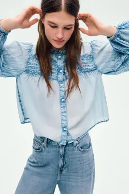 Denim-look cotton blouse - Bleu denim — photo 2