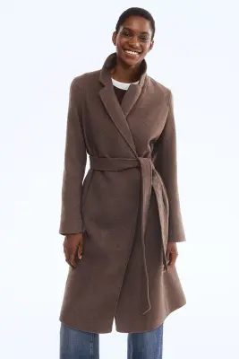 Manteau avec ceinture à nouer - Marron foncé chiné — photo 2