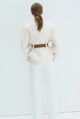 Blazer sans revers avec ceinture - Crème — photo 3