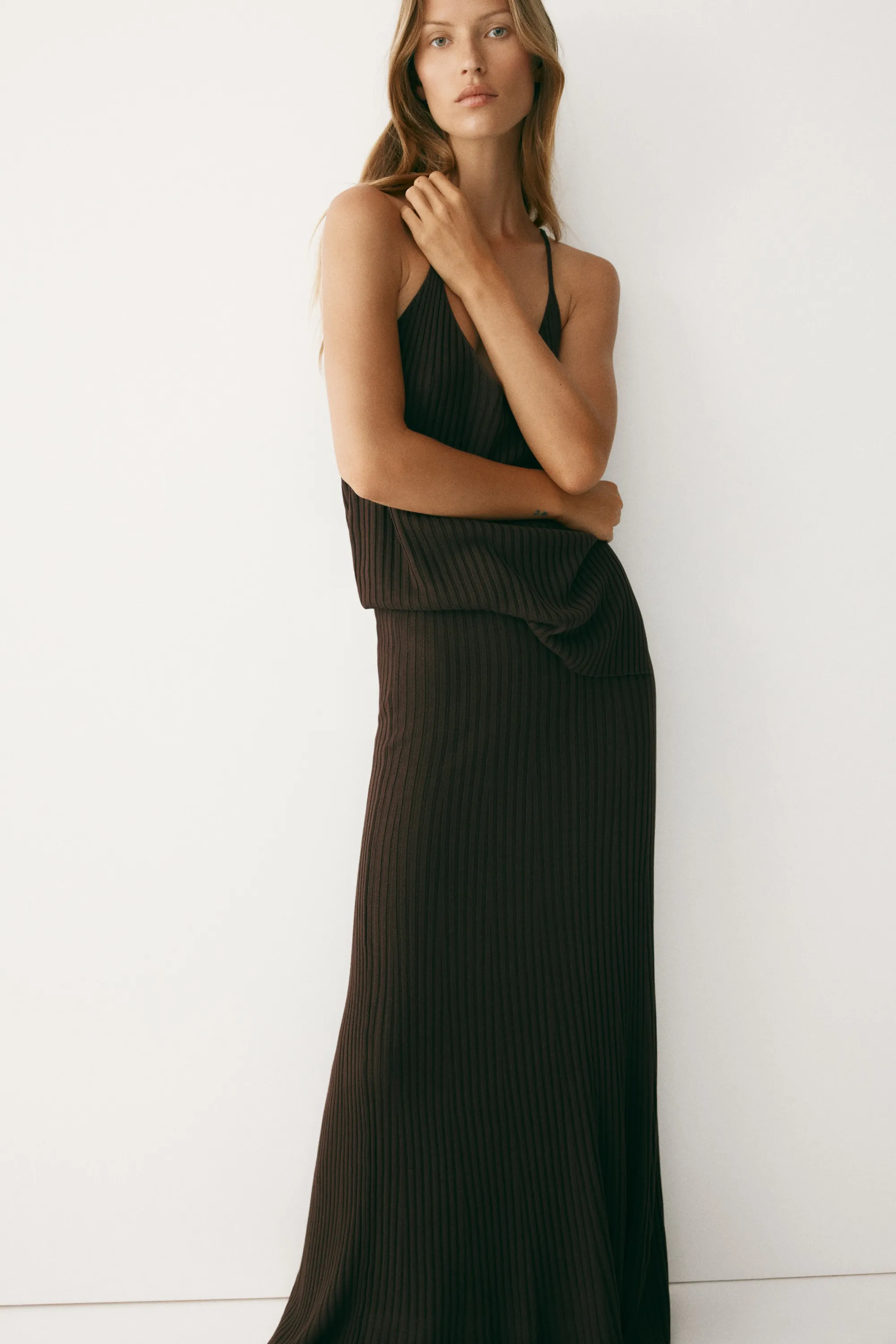 Jupe en maille de viscose côtelée - Marron foncé